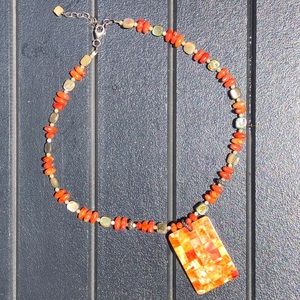 Orange and Coral Beaded Pendant Necklace